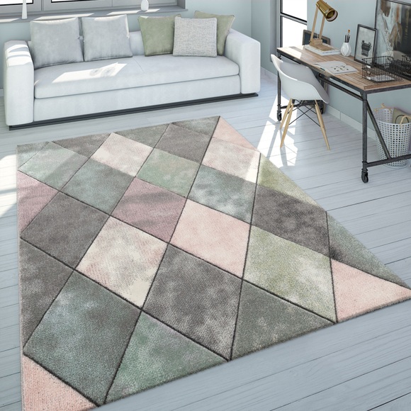 Paco Home Teppich »Lara 238«, rechteckig, 18 mm Höhe, Kurzflor, buntes Rauten Muster, Pastell-Farben, handgefertigter Konturenschnitt, ideal in Wohnzimmer & Schlafzimmer