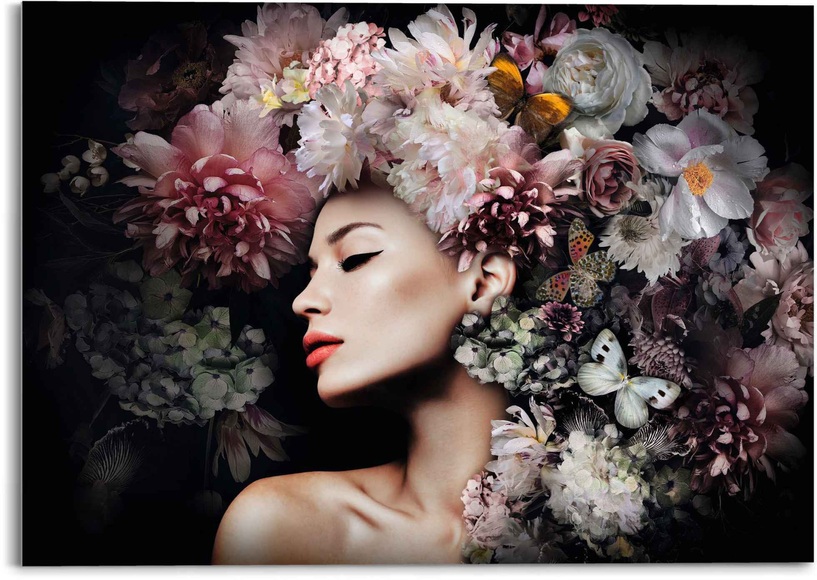 Reinders! Glasbild »Glasbild Frau mit Blumenhut Frau - Schmetterling - Strauss - Romantik«, Menschen, (1 St.)