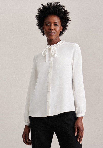 Stehkragenbluse Uni Langarm Rundhals Damen Weiss 38
