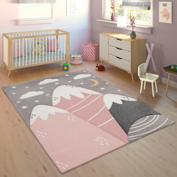Paco Home Kinderteppich »Cosmo 707«, rechteckig, 3D-Design, niedliches Motiv Berge & Sterne, Pastell-Farben