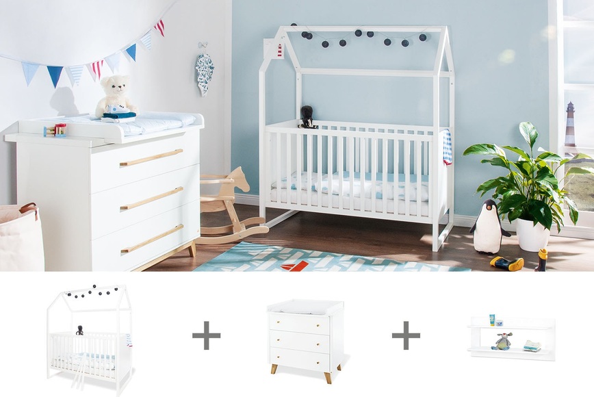 Pinolino® Babymöbel-Set »Hilda & Pan«, (Spar-Set, 3 St., Hausbett, Wickelkommode, Wandregal), breit; Made in Europe; mit Hausbett, Wickelkommode und Wandregal