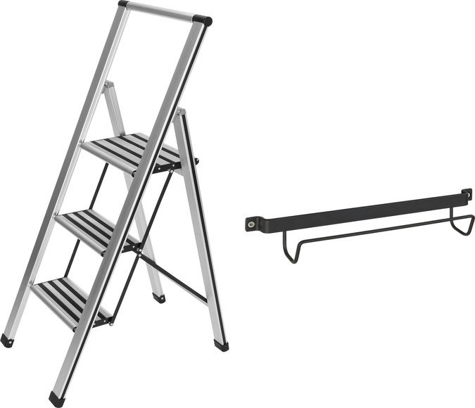 WENKO Trittleiter, 3-stufig, inklusive Leiternhalter, XXL-Stufen, flach klappbar, robuster Aluminium