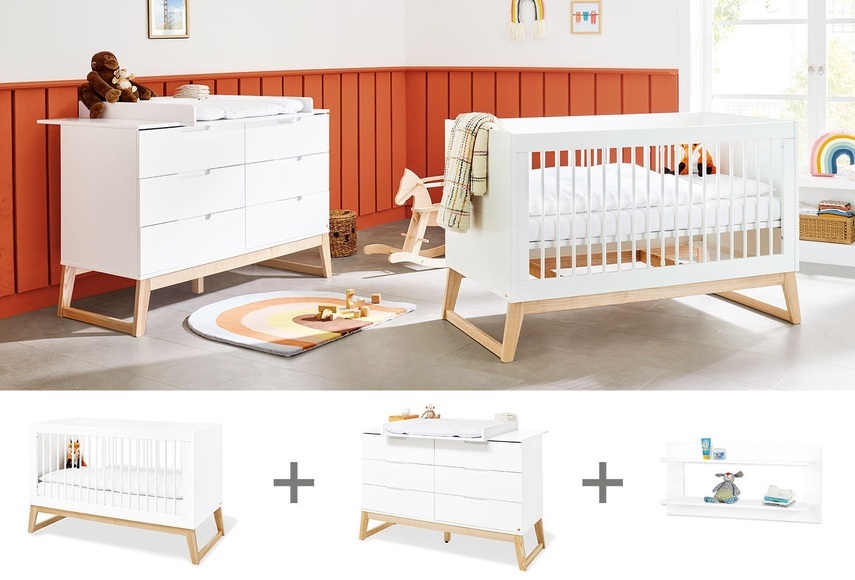Pinolino® Babymöbel-Set »Bridge«, (Spar-Set, 3 St., Kinderbett, Wickelkommode, Wandregal), extrabreit mit Kinderbett, Wickelkommode und Wandregal; Made in Europe