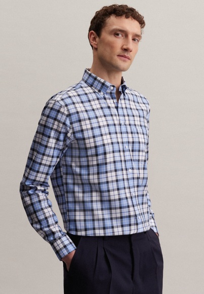 Business Hemd Regular Fit Langarm Karo Herren Dunkelblau 42
