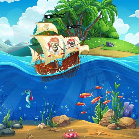 Papermoon Fototapete »PIRATENSCHIFFE-PALMEN FISCHE MEER ABSTRAKT DESIGN DEKO«, Vliestapete, hochwertiger Digitaldruck, inklusive Kleister