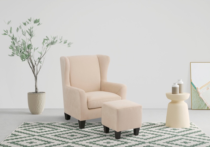 Home affaire Sessel »Chilly«, (Set, 2 St., bestehend aus Sessel und Hocker), mit bequemer Federkern-Polsterung, in drei unterschiedlichen Bezugsqualitäten erhältlich, Sitzhöhe 44 cm