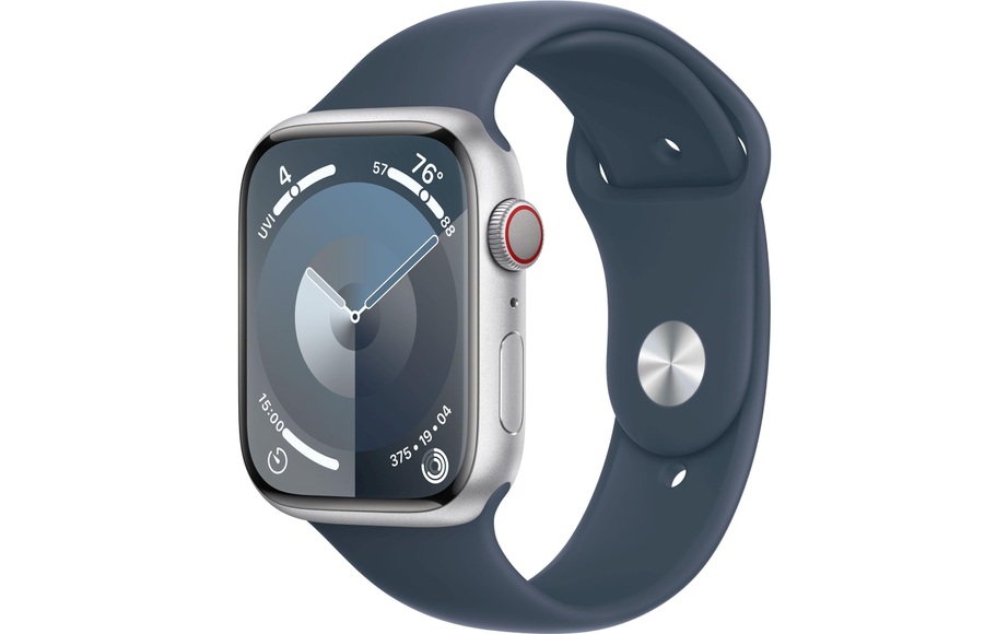 APPLE Watch Series 9 (GPS + Cellular, Alu) 45 mm - Smartwatch (M/L 160-210 mm, Fluorelastomer, Silber/Sturmblau)
