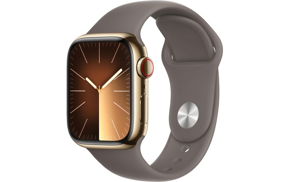APPLE Watch Series 9 (GPS + Cellular, Edelstahl) 41 mm - Smartwatch (S/M 130-180 mm, Fluorelastomer, Gold/Tonbraun)