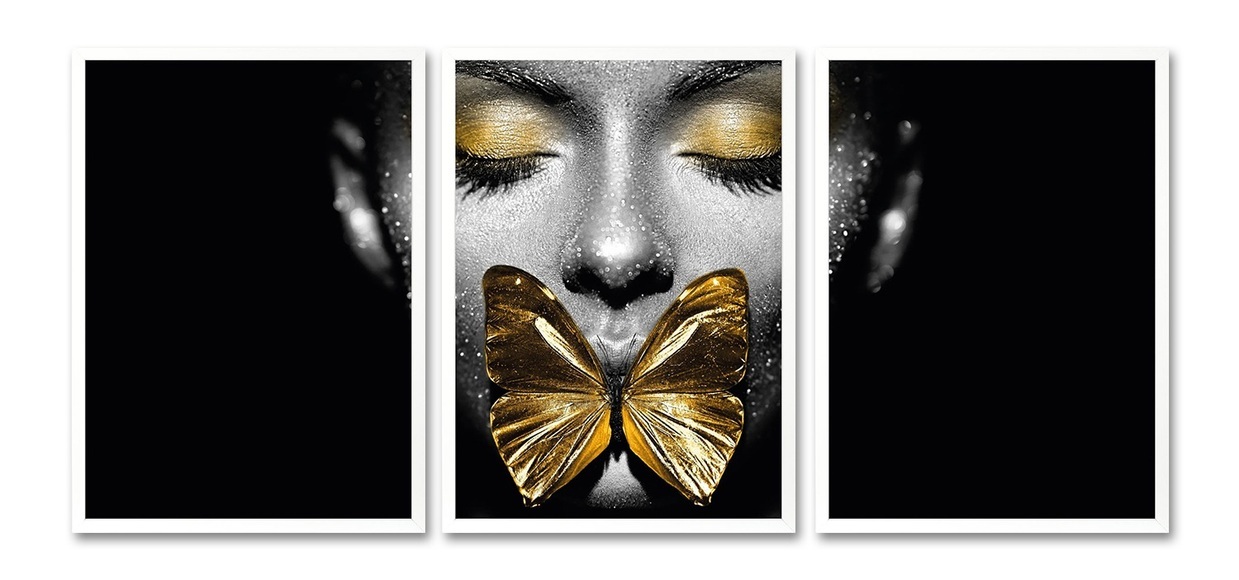 Leonique Bild mit Rahmen »Gesicht Schmetterling Goldfarben - Gerahmter Digitaldruck - Wandbild«, (3er-Set), 3x 30x40 cm - Holzrahmen - Dekoration - Weisser Rahmen - Triptychon