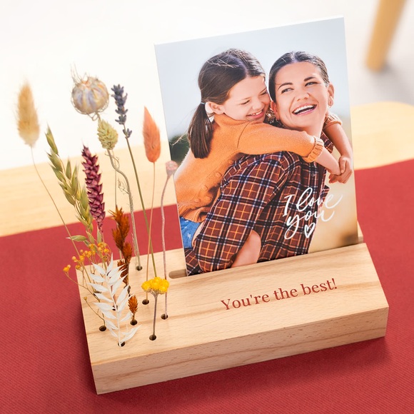 Forex-Karten personalisiert im Holzaufsteller & Trockenblumen