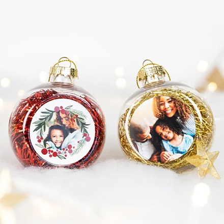 Set Weihnachtskugeln personalisiert mit Foto - 2 Stk. (Transparent, Lametta Rot)