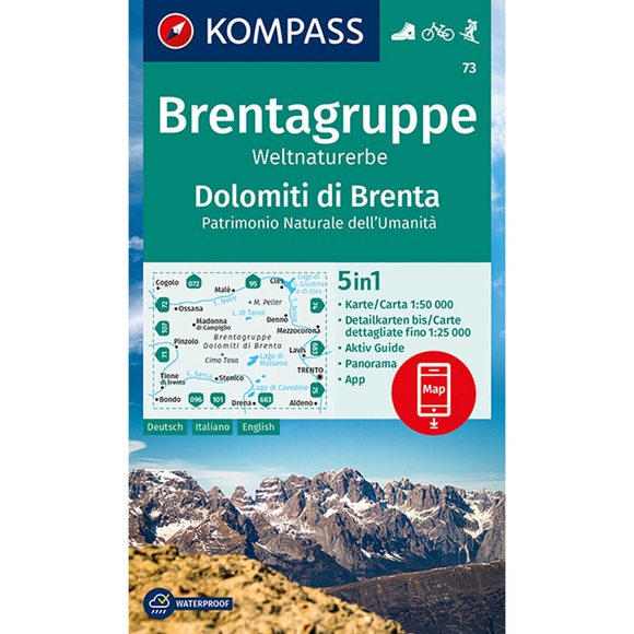 KOMPASS Wanderkarte Brentagruppe, Weltnaturerbe, Dolomiti di Brenta - 5in1 Wanderkarte 1:50000 mit Panorama, Aktiv Guide und Detailkarten inklusive Karte zur offline Verwendung in der KOMPASS-App. Fahrradfahren. Skitouren.