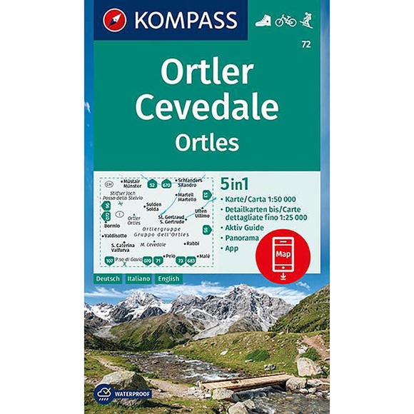 KOMPASS Wanderkarte Ortler/Ortles, Cevedale - 5in1 Wanderkarte 1:50000 mit Panorama, Aktiv Guide und Detailkarten inklusive Karte zur offline Verwendung in der KOMPASS-App. Fahrradfahren. Skitouren.