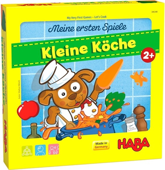 Meine ersten Spiele - Kleine Köche (Kinderspiel) - 1 Spiel-Kochtopf mit Deckel (3-teilig), 1 Kochlöffel, 10 Gemüsestücke aus Holz (5 verschiedene Paare), 10 Gemüseplättchen, 1 Teller, 1 Symbolwürfel, 1 Spielanleitung.