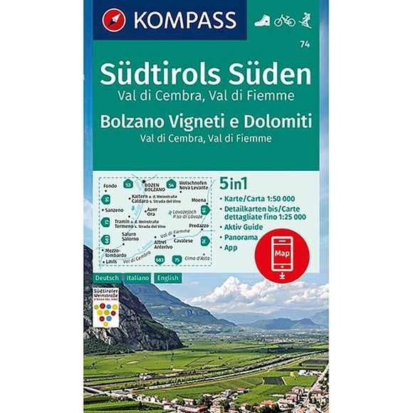 KOMPASS Wanderkarte Südtirols Süden, Bolzano Vigneti e Dolomiti, Val di Cembra, Val di Fiemme