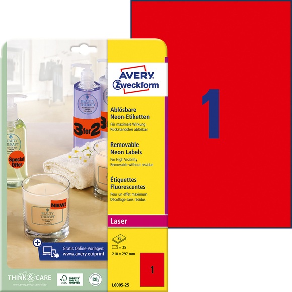 Avery L6005-25 self-adhesive label Red Rounded rectangle Removable 25 pc(s)