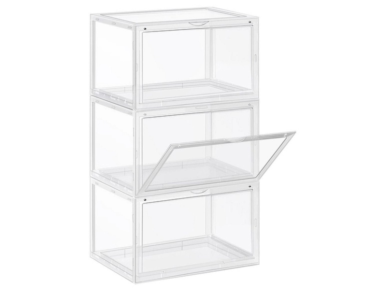 Songmics - Schuhbox, 3er Set, stapelbarer Schuhorganizer, Kunststoffbox mit durchsichtiger Tür, Schuhaufbewahrung, für Schuhe bis Grösse 46, 36 x 28 x 22 cm, transparent LSP03CW