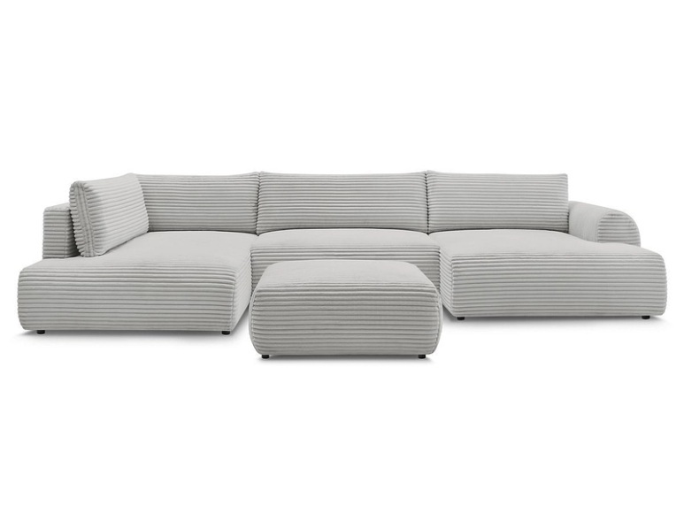 Panorama-Ecksofa mit Hocker BOBOCHIC LUCIEN Cord-Stoff hellgrau
