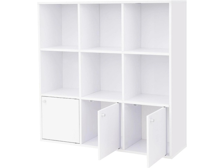 Vasagle - SONGMICS Bücherregal aus Holz, Aufbewahrungsregal,für Zuhause oder Büro, Ausstellungsregal, freistehendes DVD-Regal, Bücherschrank mit 3 Türen, weiss, LBC33WT