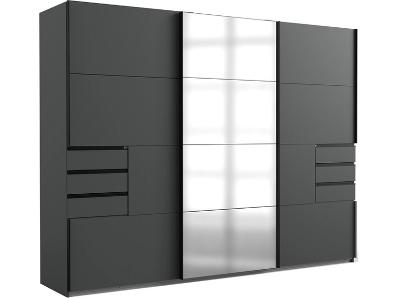 MID.YOU Schwebetürenschrank in graphitfarben , Saigon , Metall, Kunststoff , 6 Fächer , 6 Schubladen , 270x210x64 cm , Dekorfolie,Dekorfolie,Nachbildung,Nachbildung , 001787040008