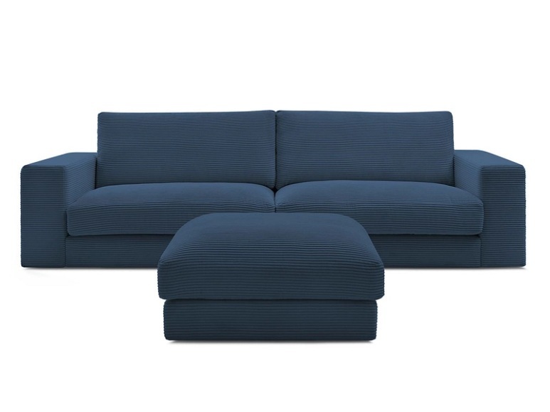 3er Sofa mit Hocker BOBOCHIC LEONARD Cord-Stoff dunkelblau