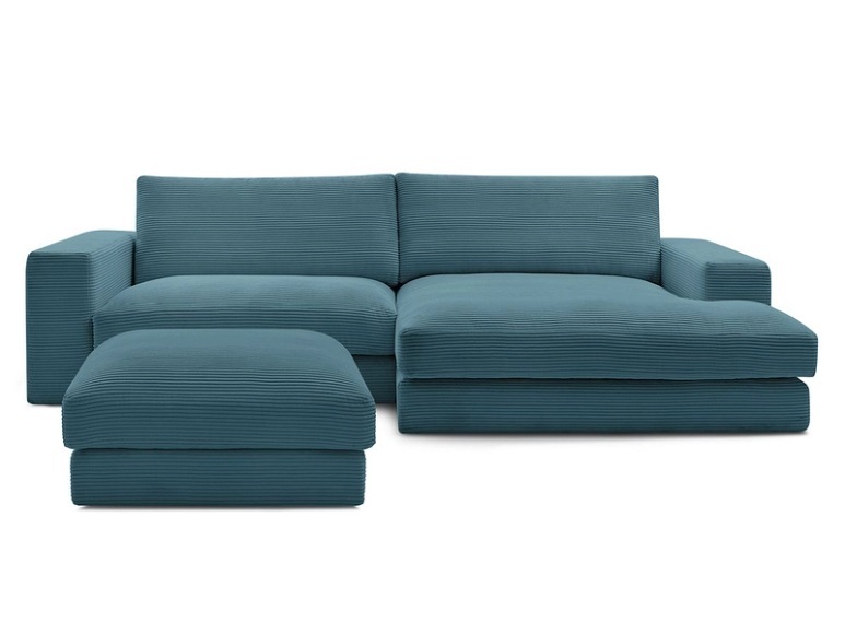 Ecksofa mit Hocker BOBOCHIC LEONARD Cord-Stoff hellblau