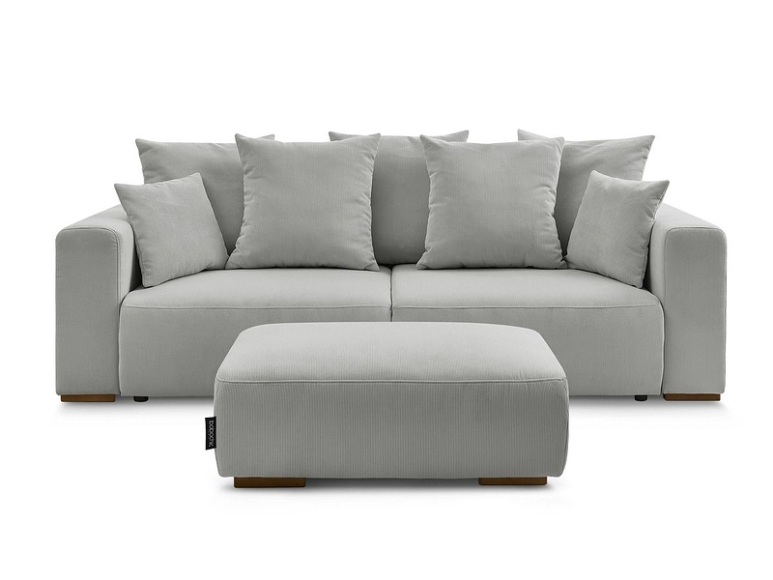 3er Sofa mit Hocker BOBOCHIC SIDONIE Cord-Stoff hellgrau