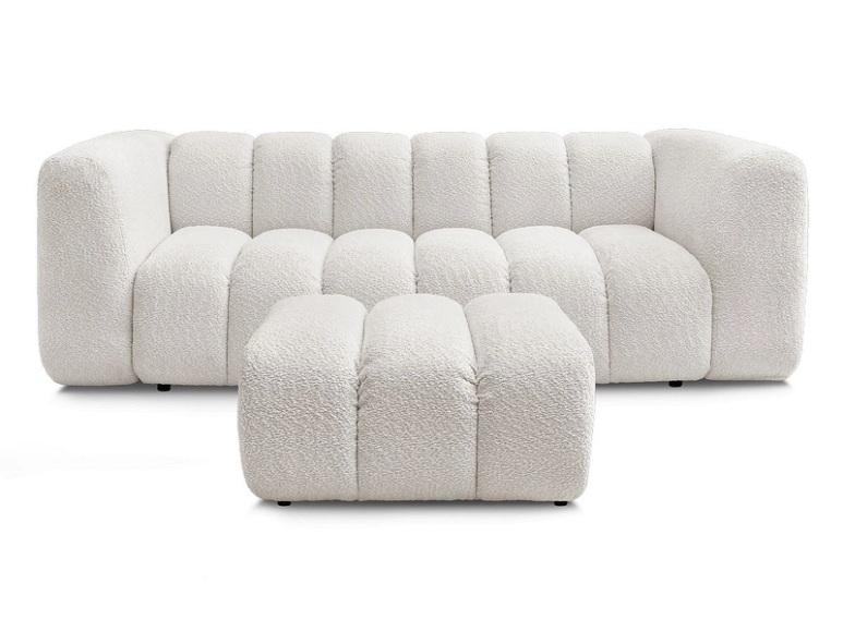 3er Sofa mit Hocker BOBOCHIC TALIA Boucle-Stoff weiss