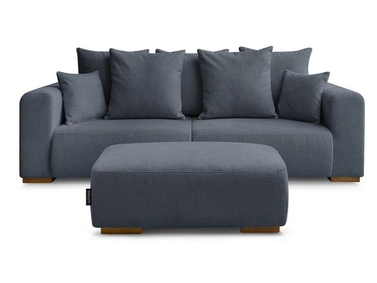 3er Sofa mit Hocker BOBOCHIC SIDONIE Stoff chiniert dunkelblau