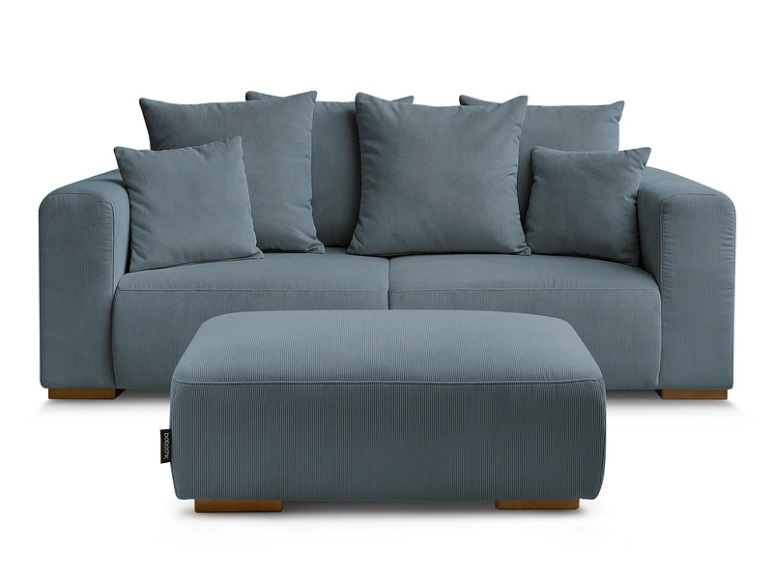 2er Sofa mit Hocker BOBOCHIC SIDONIE Cord-Stoff dunkelblau