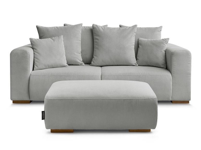 2er Sofa mit Hocker BOBOCHIC SIDONIE Cord-Stoff hellgrau