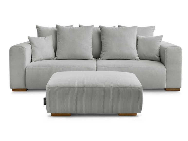 3er Sofa mit Hocker BOBOCHIC SIDONIE Cord-Stoff hellgrau