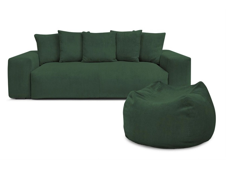 3er Sofa mit Hocker BOBOCHIC VOLTAIRE Cord-Stoff grün
