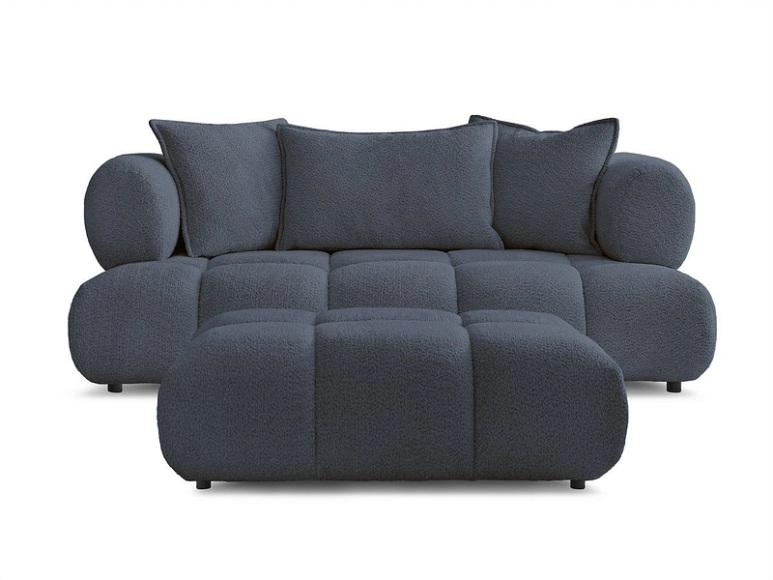 2er Sofa mit Hocker BOBOCHIC ALYA Boucle-Stoff dunkelblau