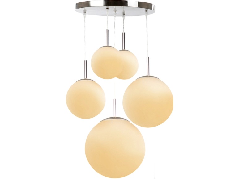 GLOBO BALLA Hängeleuchte nickel matt, Glas opal satiniert, 5 Kugeln, verschiedene Größ