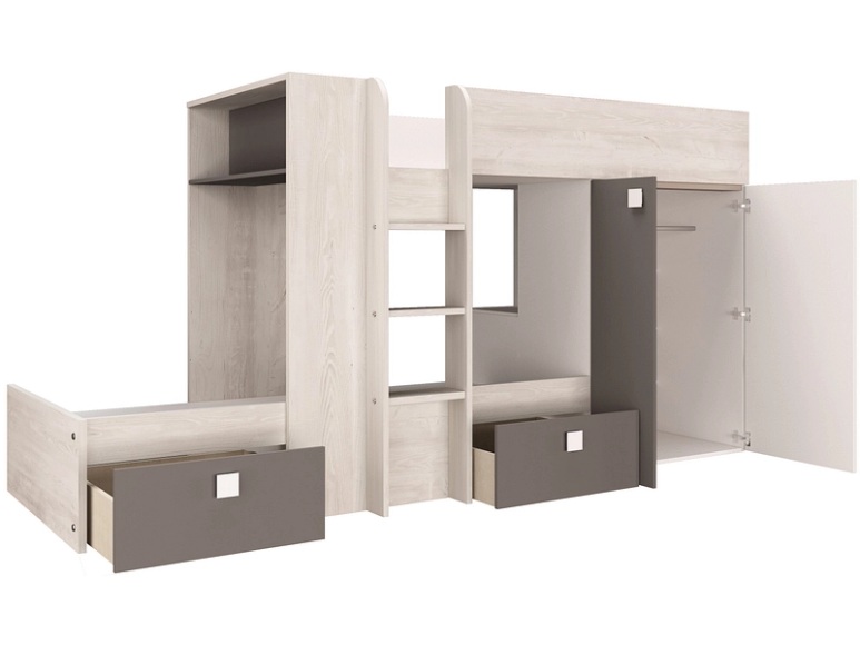 Hochbett TRENDY Weiss, Natürliches Holz, Grau anthrazit 90x200 cm