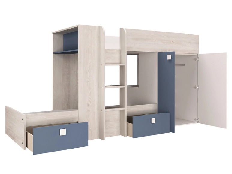 Hochbett TRENDY Weiss, Natürliches Holz, Blau 90x200 cm