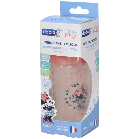 dodie® Babyflasche Initiation+ 270 ml Anti-Kolik Rundsauger 3-Gang Minnie Mickey Rosa 0-6 Monate