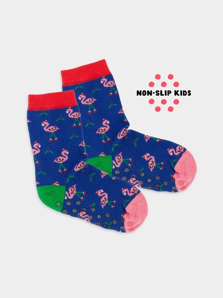- Anti-Rutsch Kindersocken in Blau mit Flamingo Weihnachten Motiv/Muster