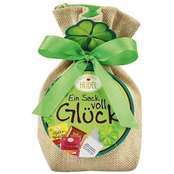 Glücks-Sack mit Edel-Schokolade mit Glücksbotschaften von Confiserie Heidel