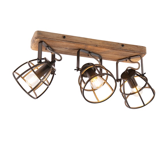 Industriestrahler schwarz mit Holz verstellbar 3-Licht - Arthur