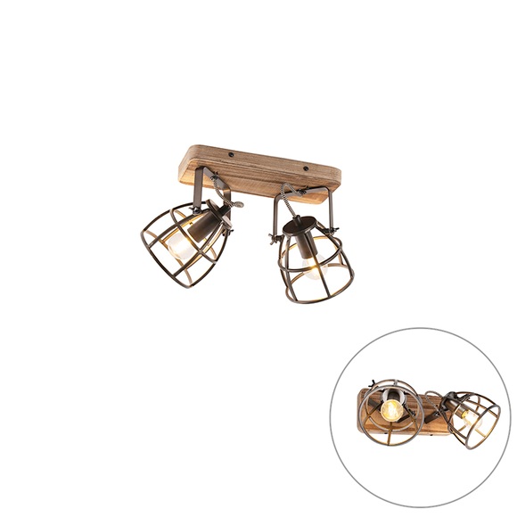 Industriestrahler schwarz mit Holz verstellbar 2-Licht - Arthur