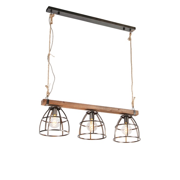 Industrielle Hängelampe schwarz mit Holz 3-Licht - Arthur
