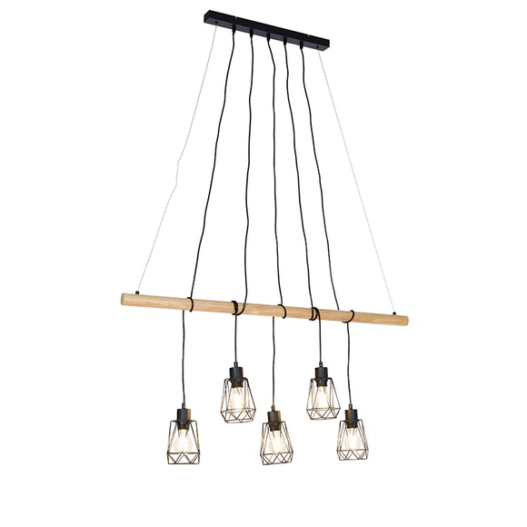 Land Hängelampe schwarz mit Holz 5-Licht - Dami Frame