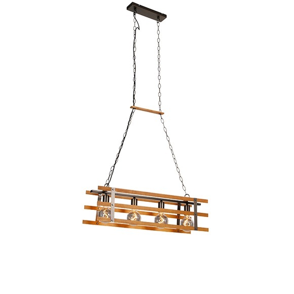 Industrielle Hängelampe schwarz mit Holz 80 cm 4-Licht - Paleta Mai