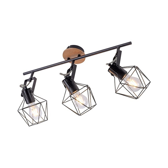 Industrielle Deckenleuchte schwarz mit Holz 3-Licht - Sven