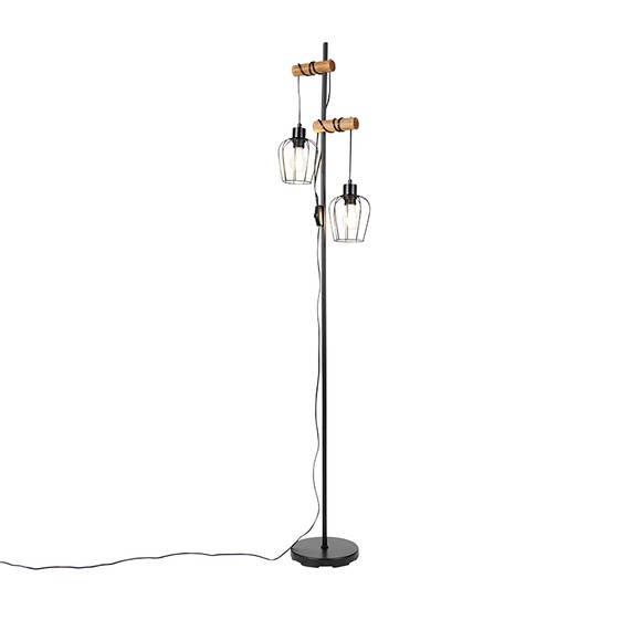 Landelijke vloerlamp zwart met hout 2-lichts - Stronk