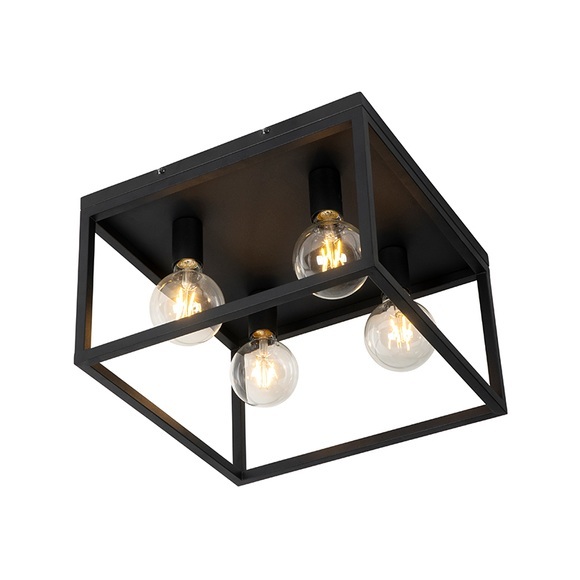 Industriële plafondlamp zwart vierkant 4-lichts - Cage