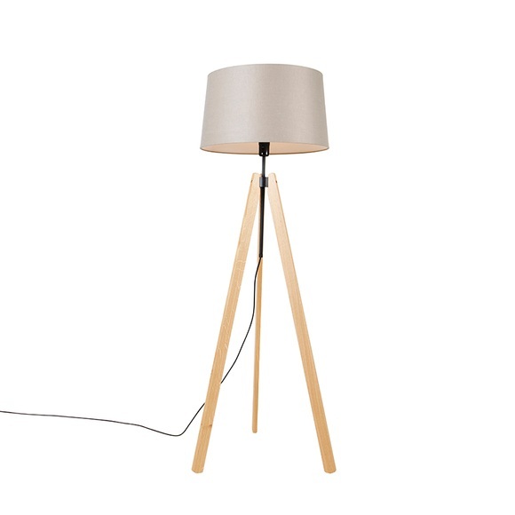 Vloerlamp tripod hout met linnen kap taupe 45 cm - telu