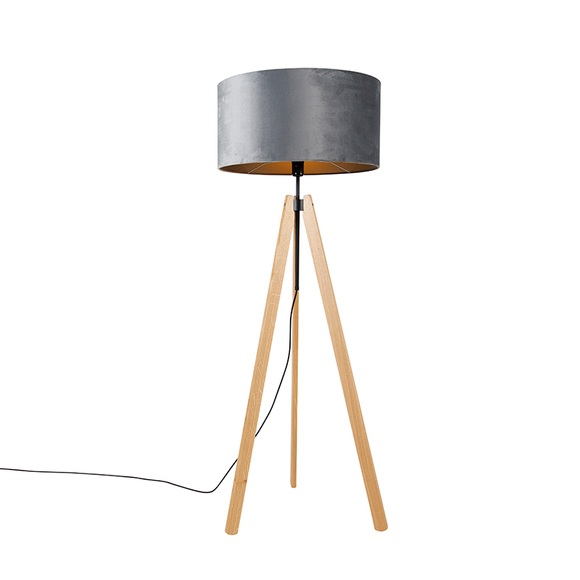 Moderne Stehlampe Holz Stoffschirm grau 50 cm Stativ - Telu
